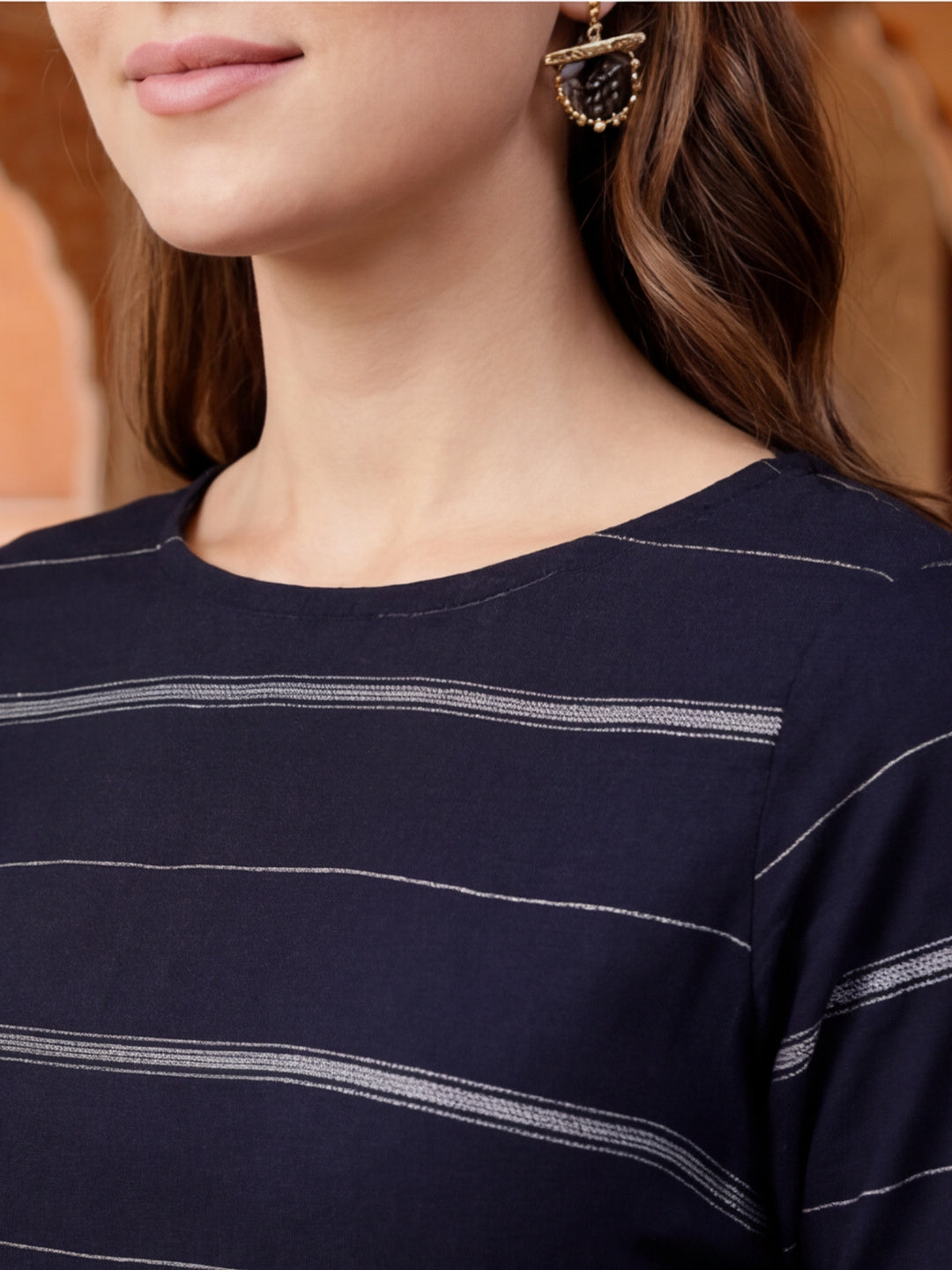 Navy Blue & Off-White Cotton Striped A-Line Dress