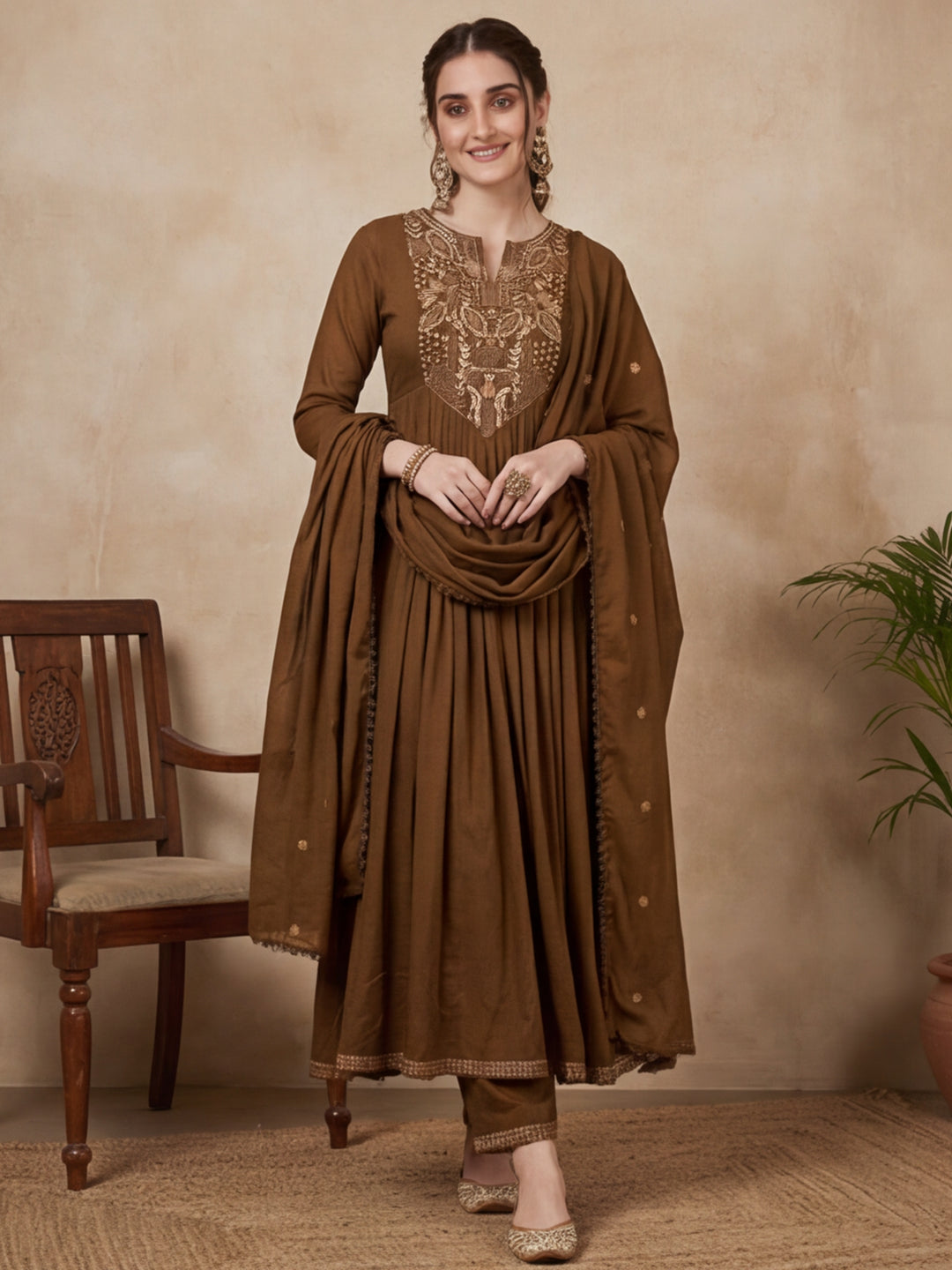 Solid Embroidered Flared Kurta & Trousers Sets