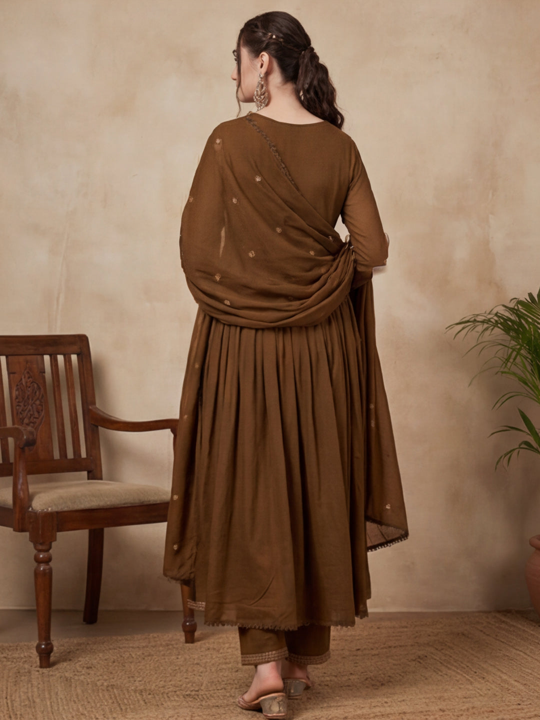 Solid Embroidered Flared Kurta & Trousers Sets