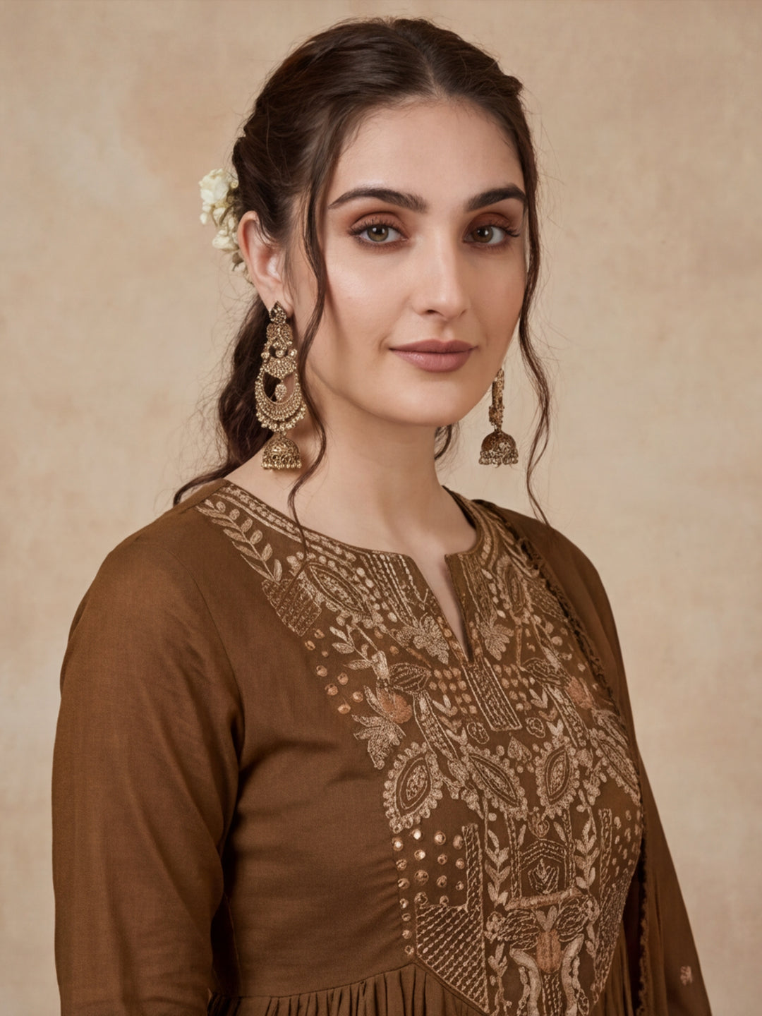 Solid Embroidered Flared Kurta & Trousers Sets