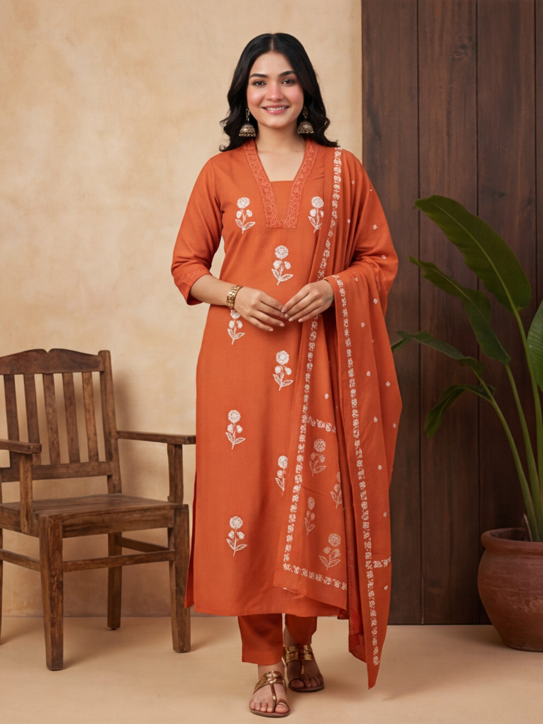 Floral Embroidered Straight Kurta & Trousers Sets