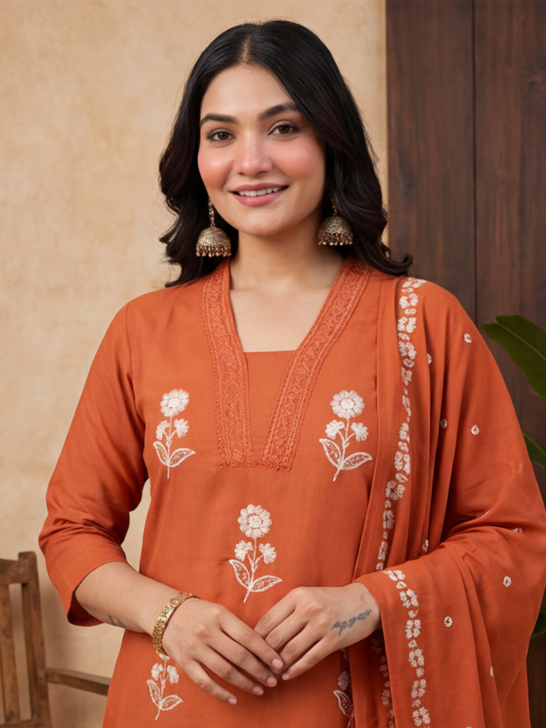 Floral Embroidered Straight Kurta & Trousers Sets