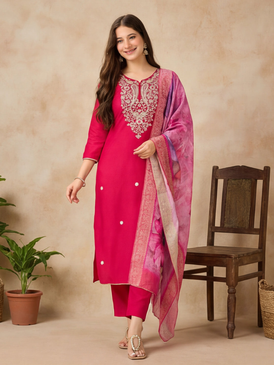 Solid Embroidered Straight Kurta & Trousers Sets