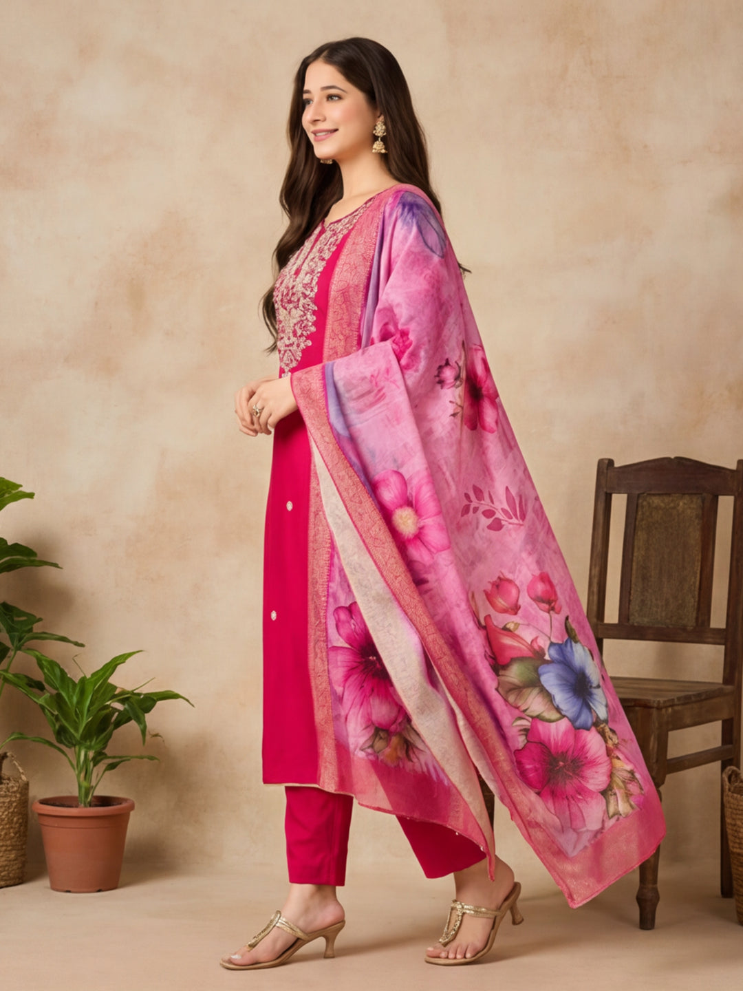 Solid Embroidered Straight Kurta & Trousers Sets