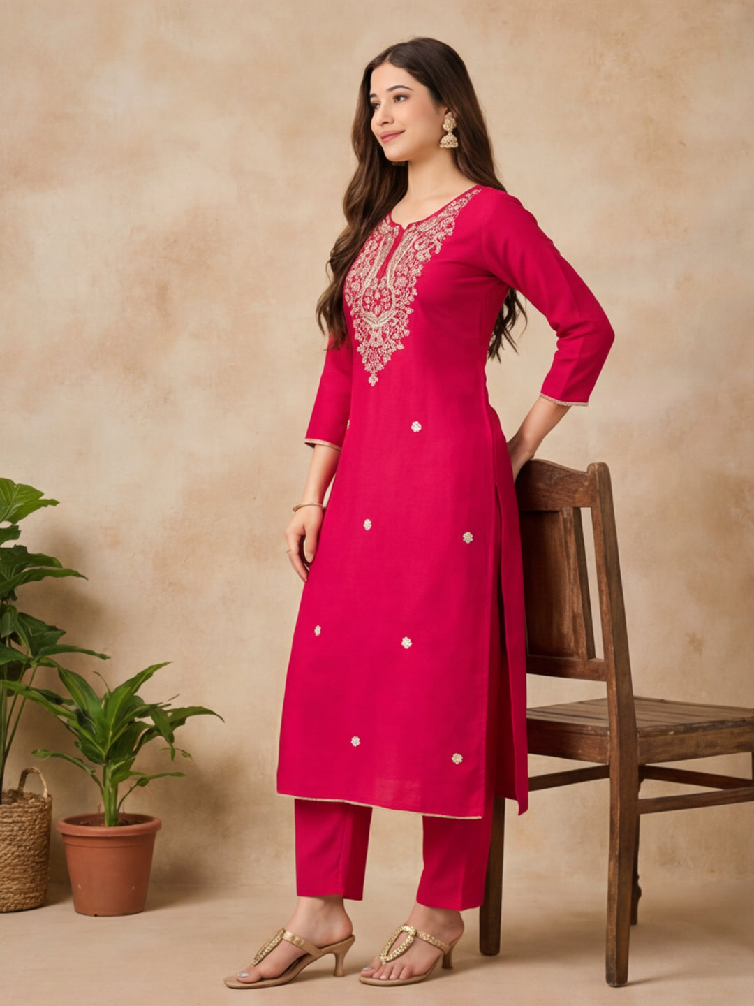 Solid Embroidered Straight Kurta & Trousers Sets