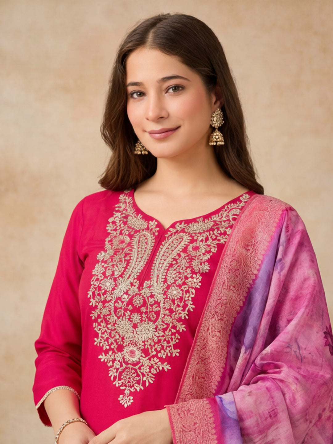Solid Embroidered Straight Kurta & Trousers Sets