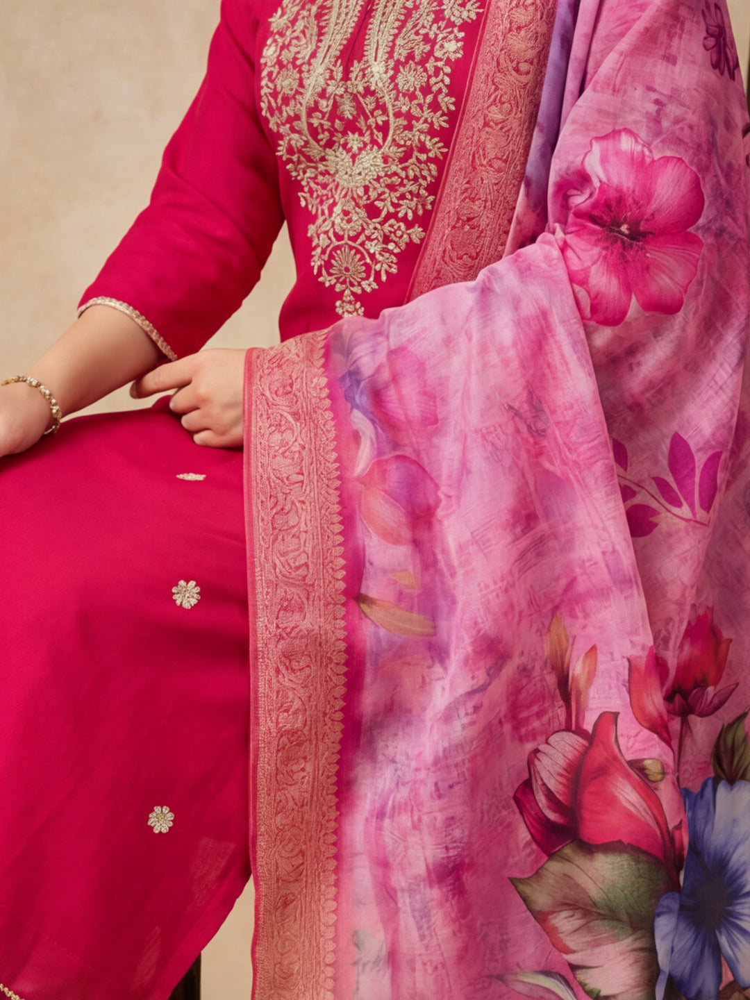 Solid Embroidered Straight Kurta & Trousers Sets