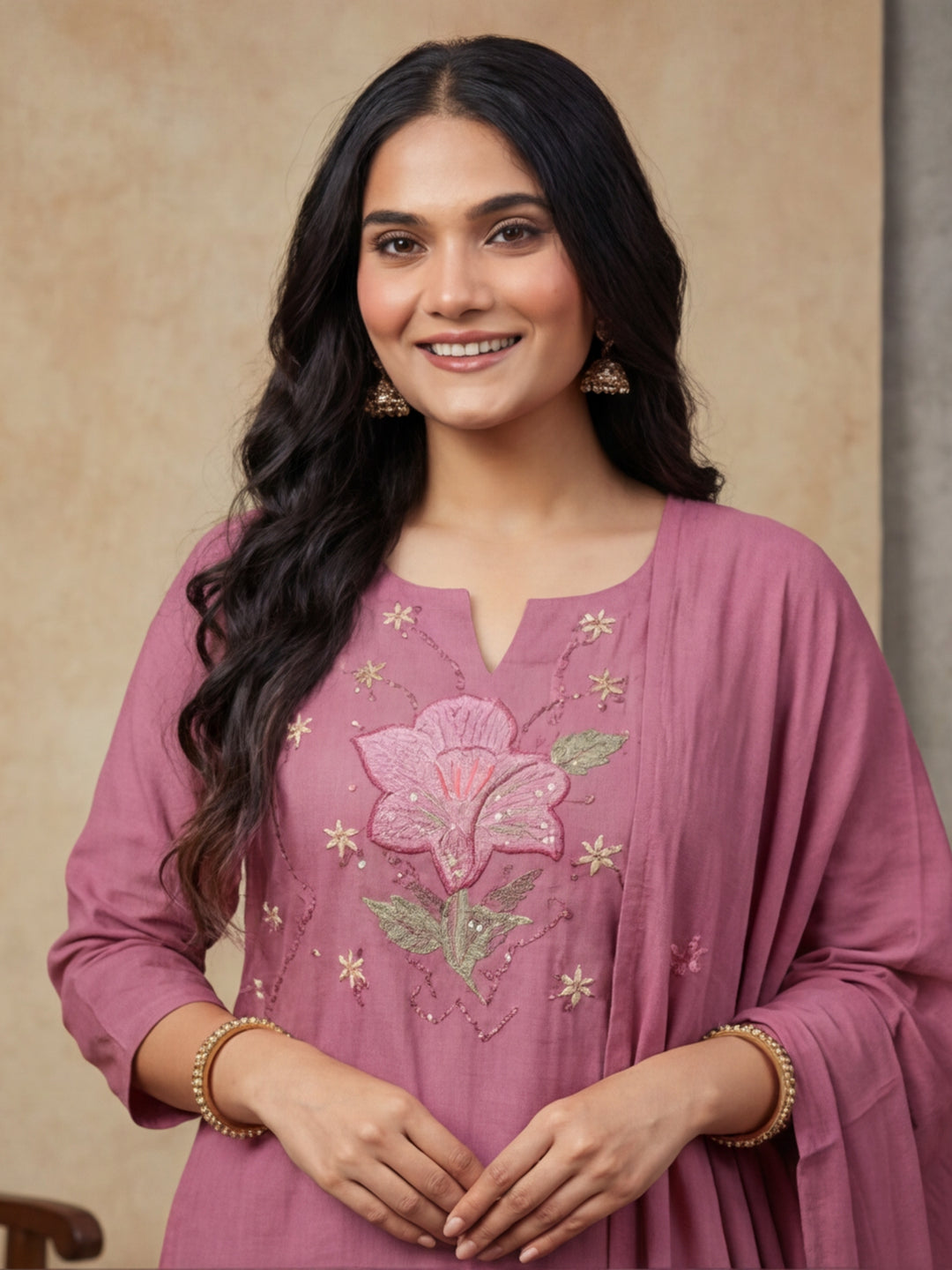 Floral Embroidered Straight Kurta & Trousers Sets