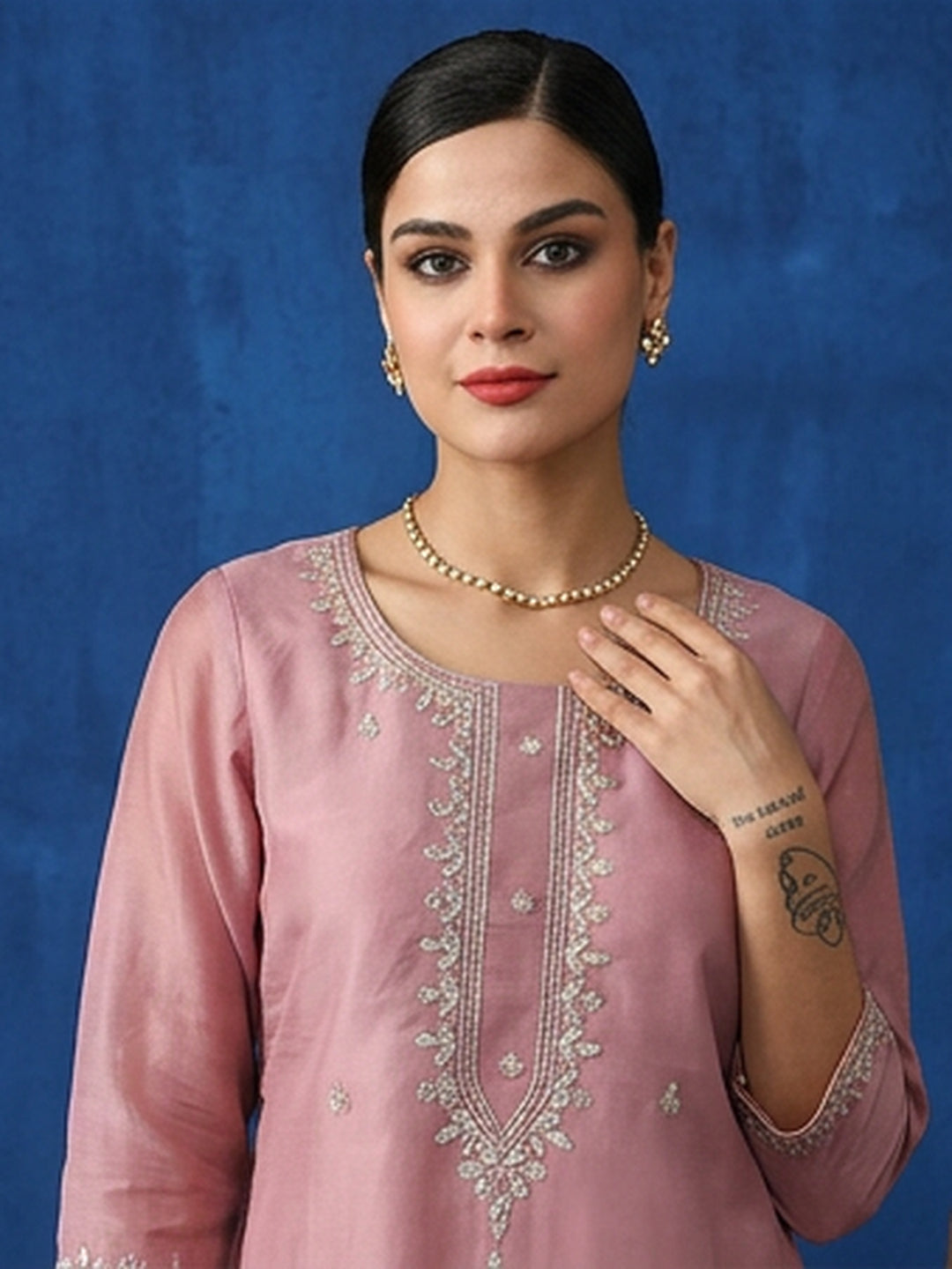 Floral Embroidered Straight Kurta & Trousers Sets