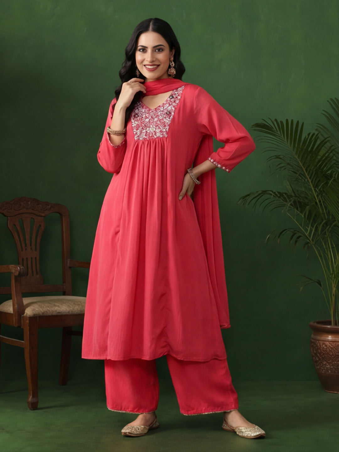 Floral Embroidered Flared Kurta & Trousers Sets