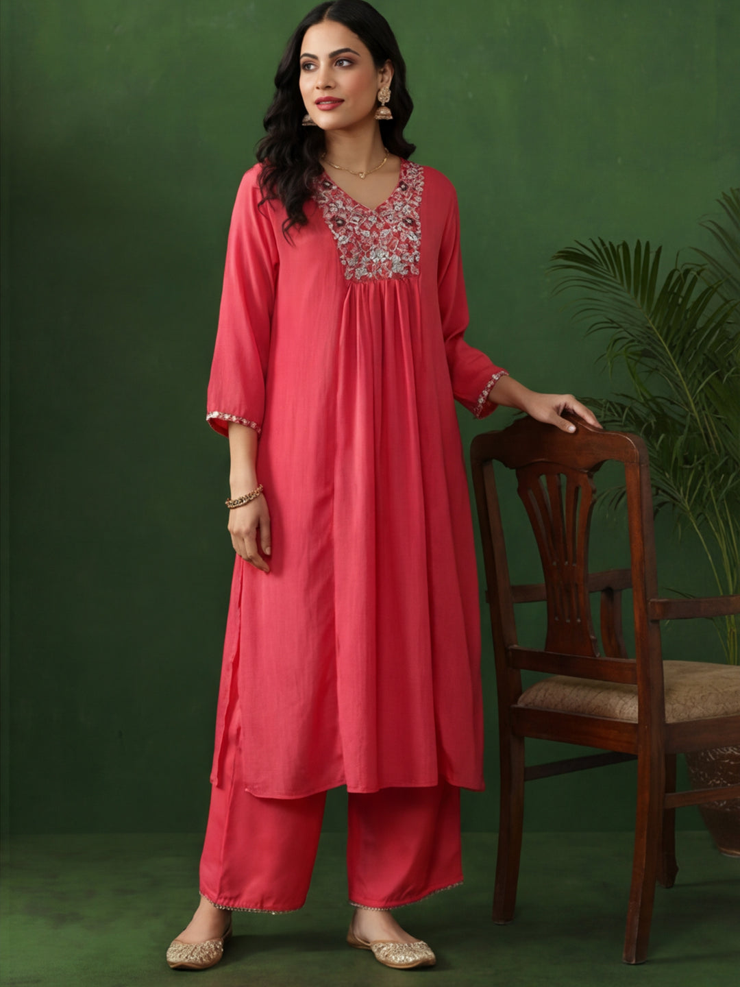 Floral Embroidered Flared Kurta & Trousers Sets