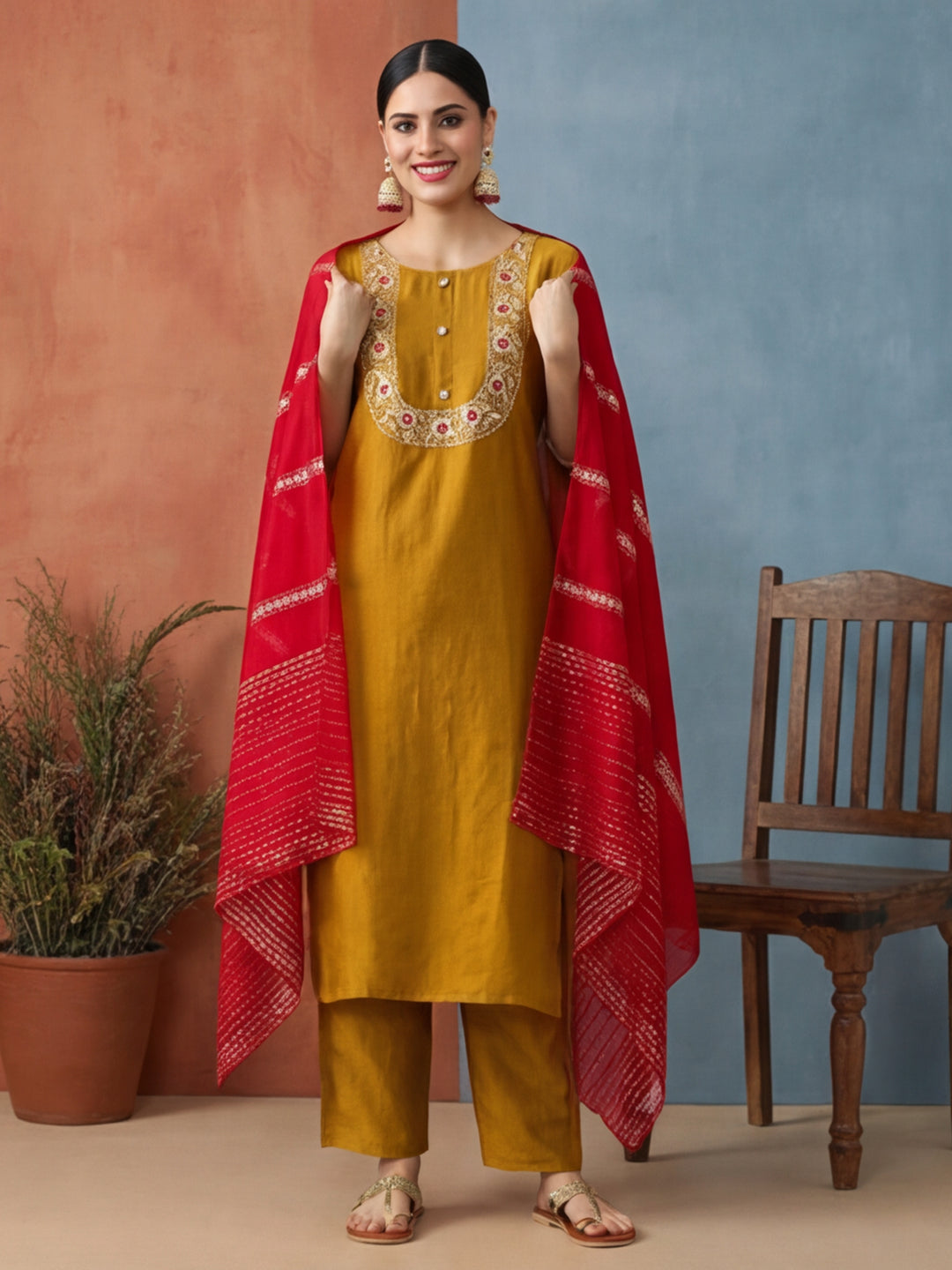 Solid Embroidered Straight Kurta & Trousers Sets
