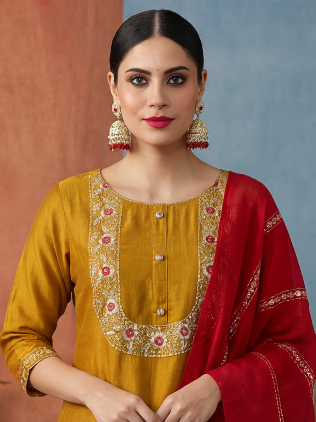 Solid Embroidered Straight Kurta & Trousers Sets