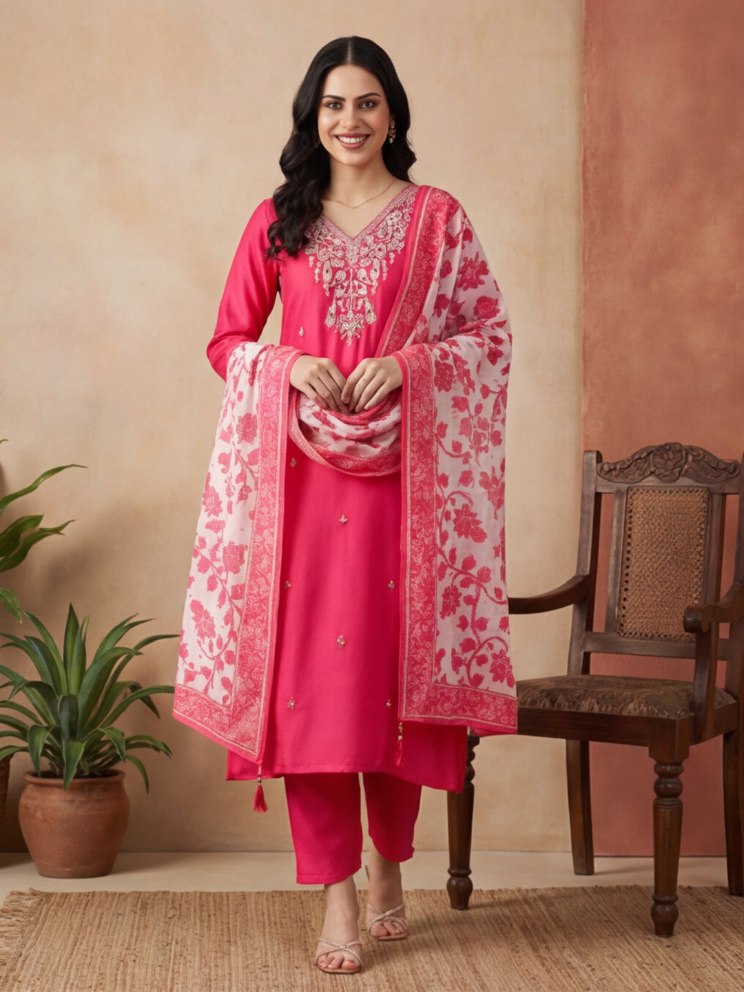 Floral Embroidered Asymmetric Kurta & Trousers Sets
