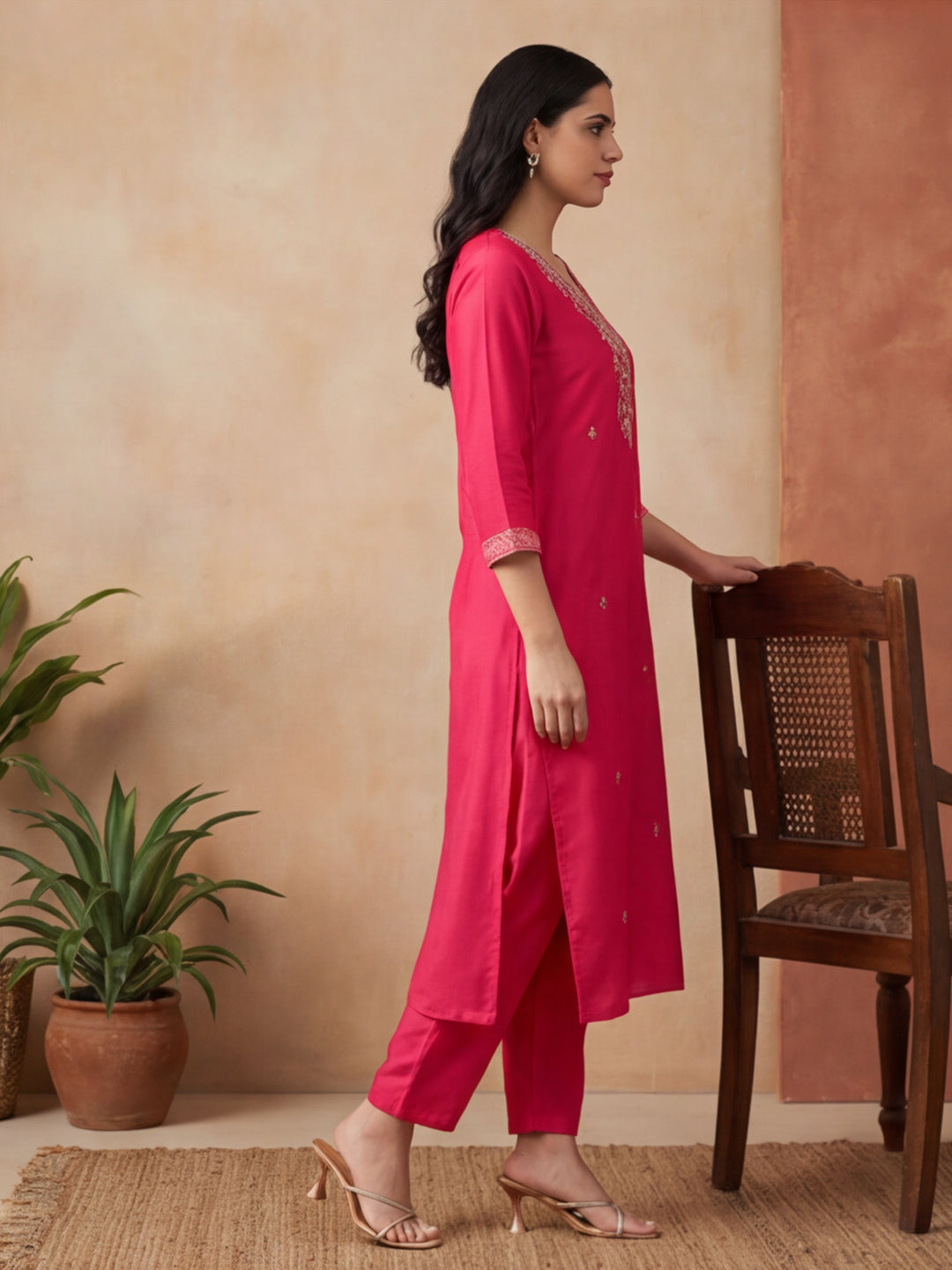 Floral Embroidered Asymmetric Kurta & Trousers Sets