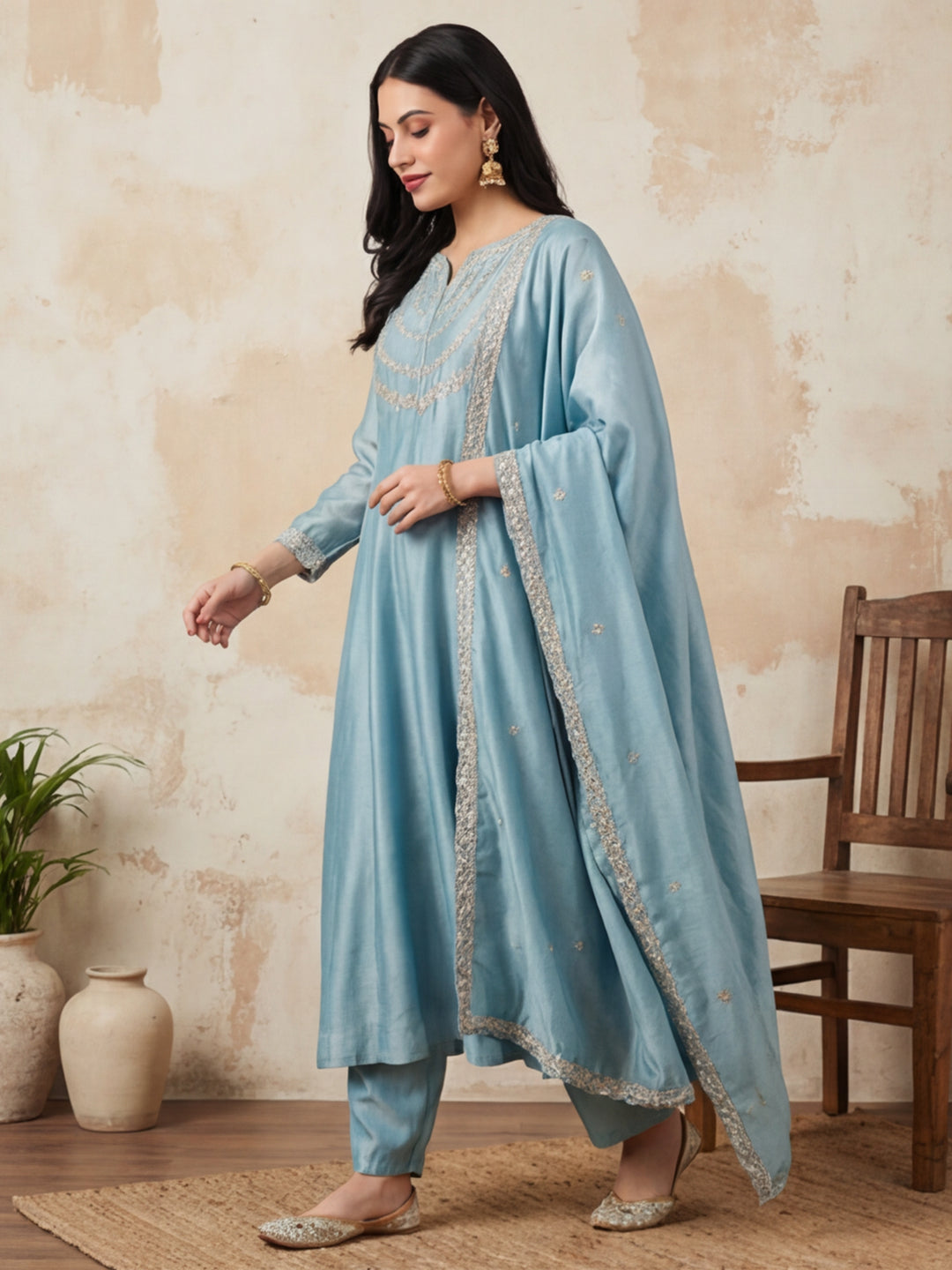 Floral Embroidered Flared Kurta & Trousers Sets