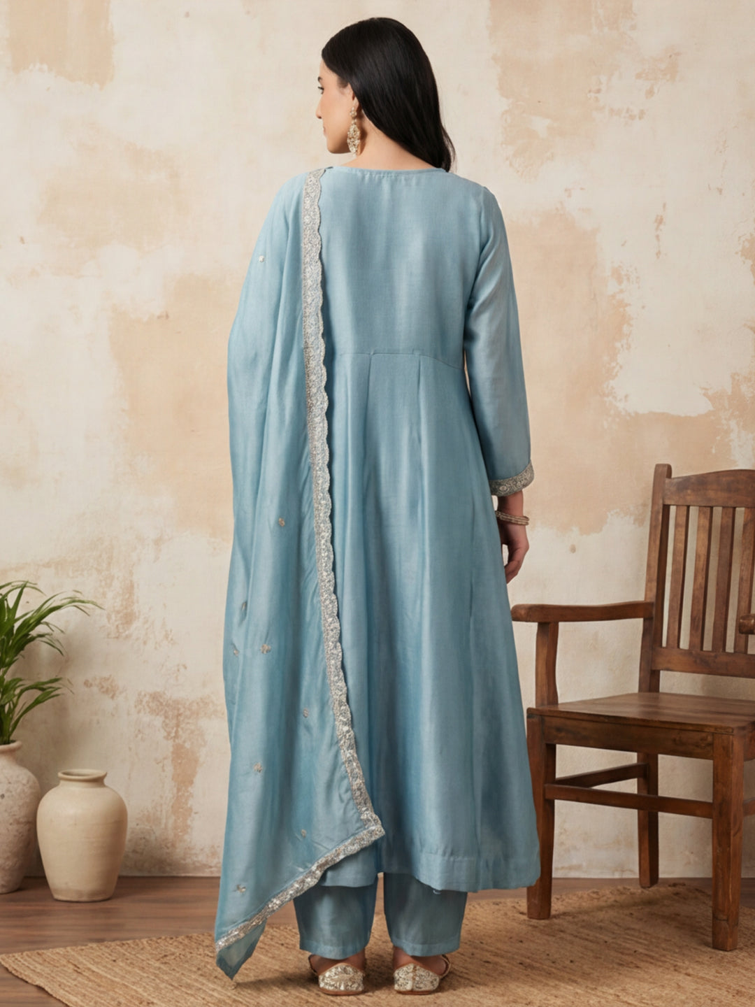 Floral Embroidered Flared Kurta & Trousers Sets