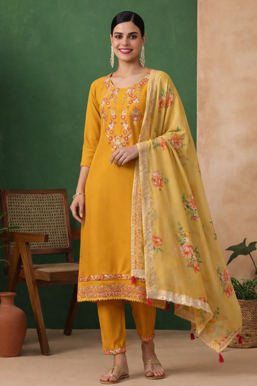 Floral Embroidered Straight Kurta & Trousers Sets