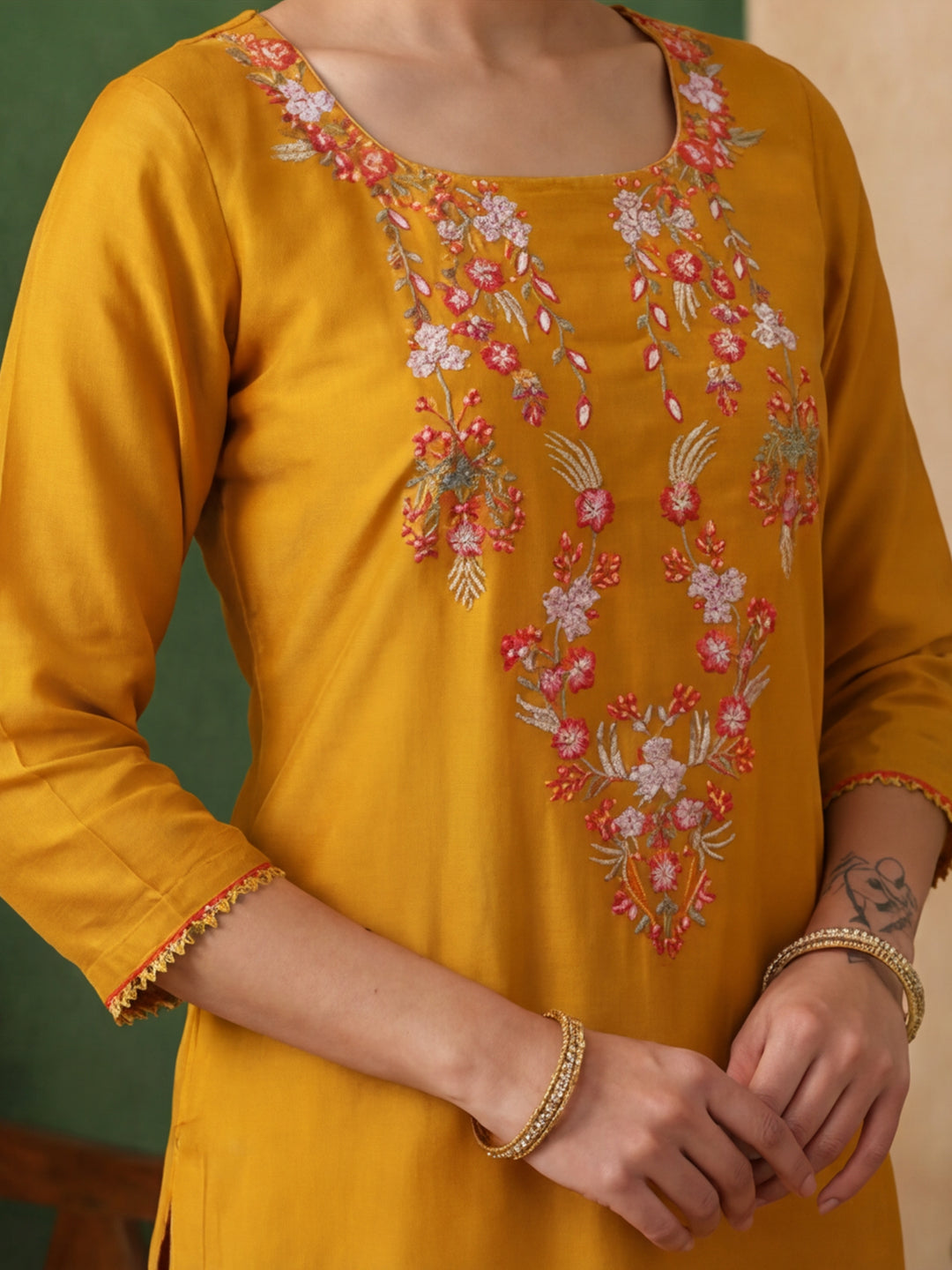 Floral Embroidered Straight Kurta & Trousers Sets