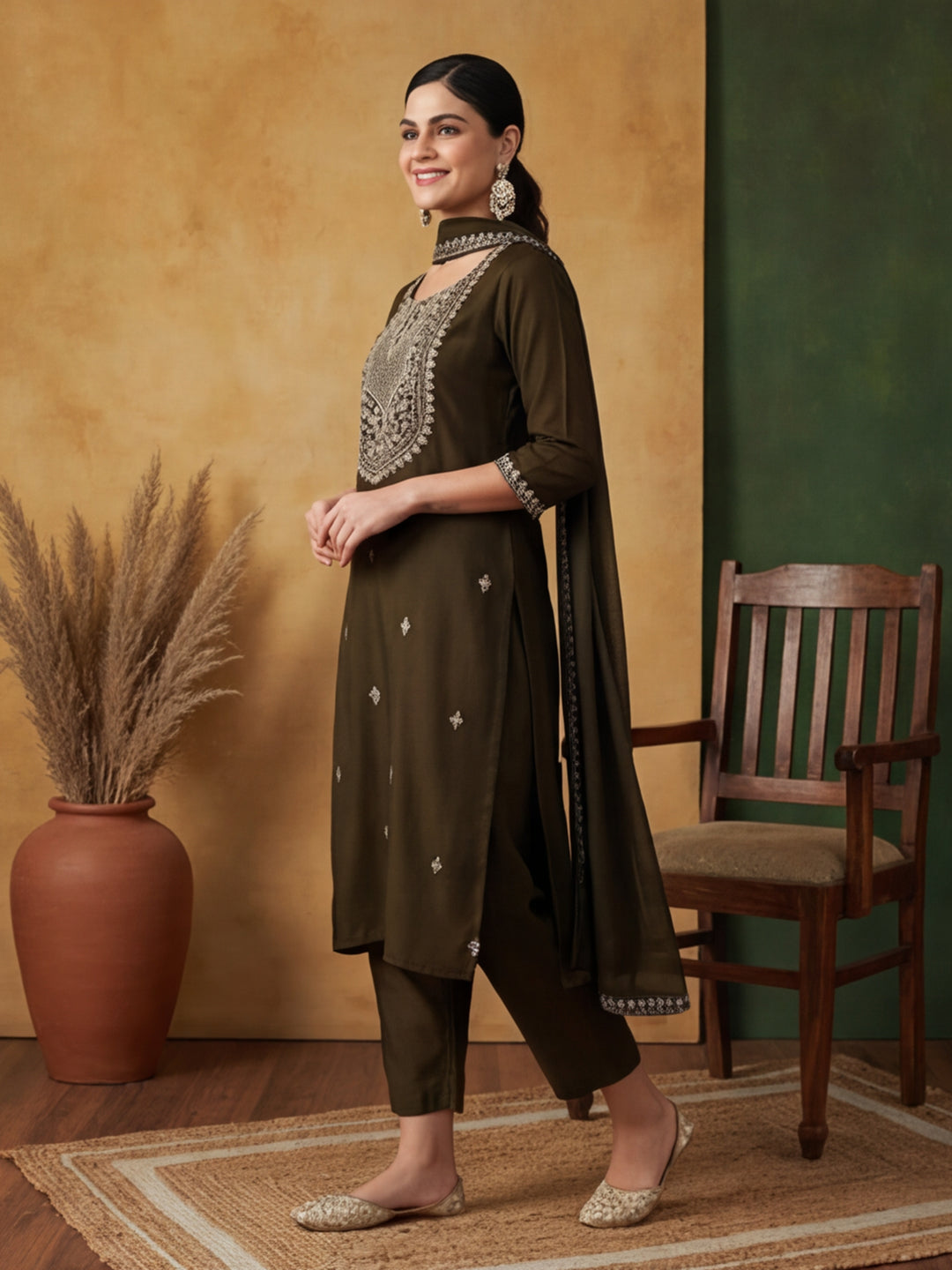 Floral Embroidered Straight Kurta & Trousers Sets