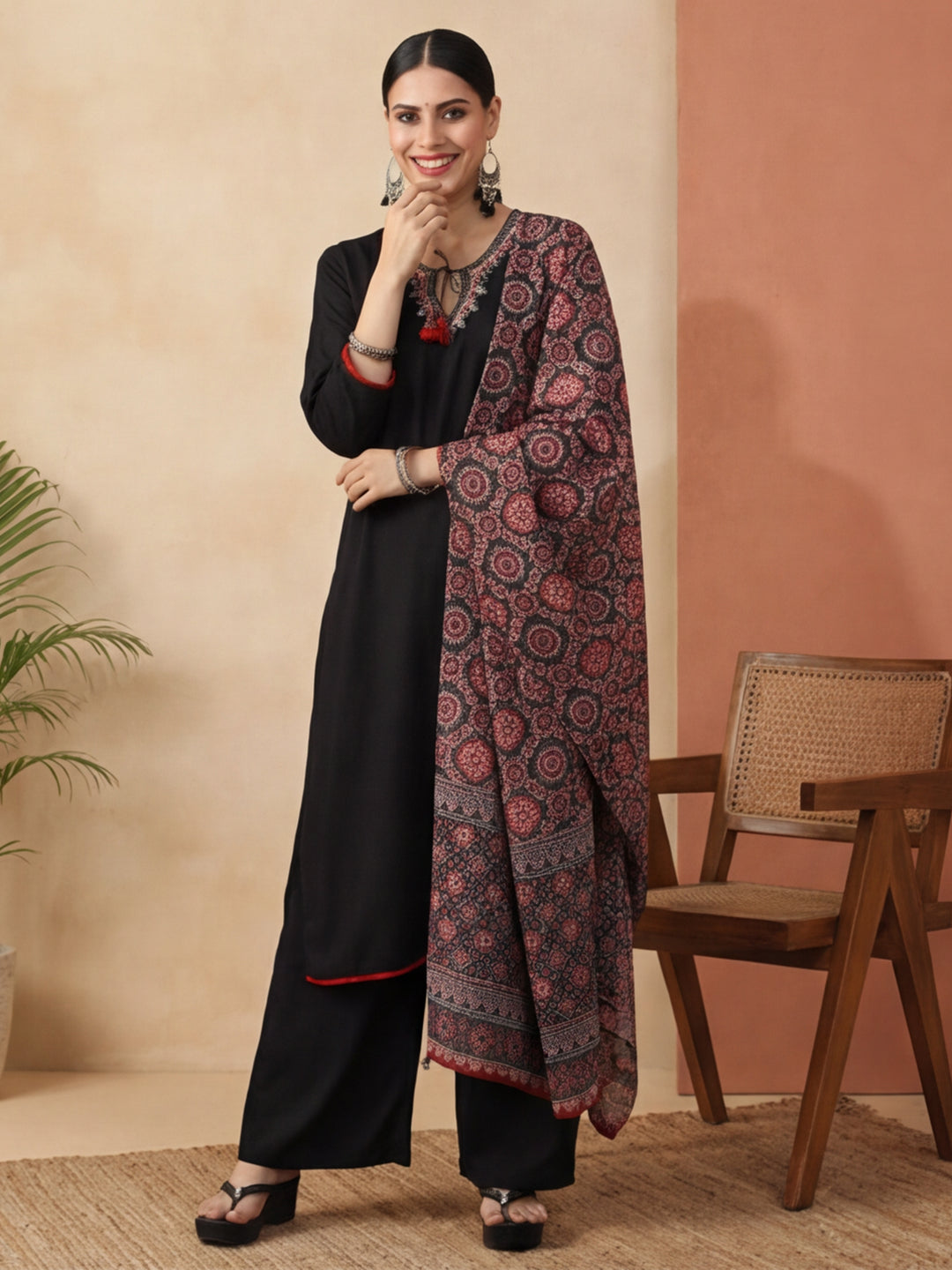 Solid Embroidered Straight Kurta & Trousers Sets