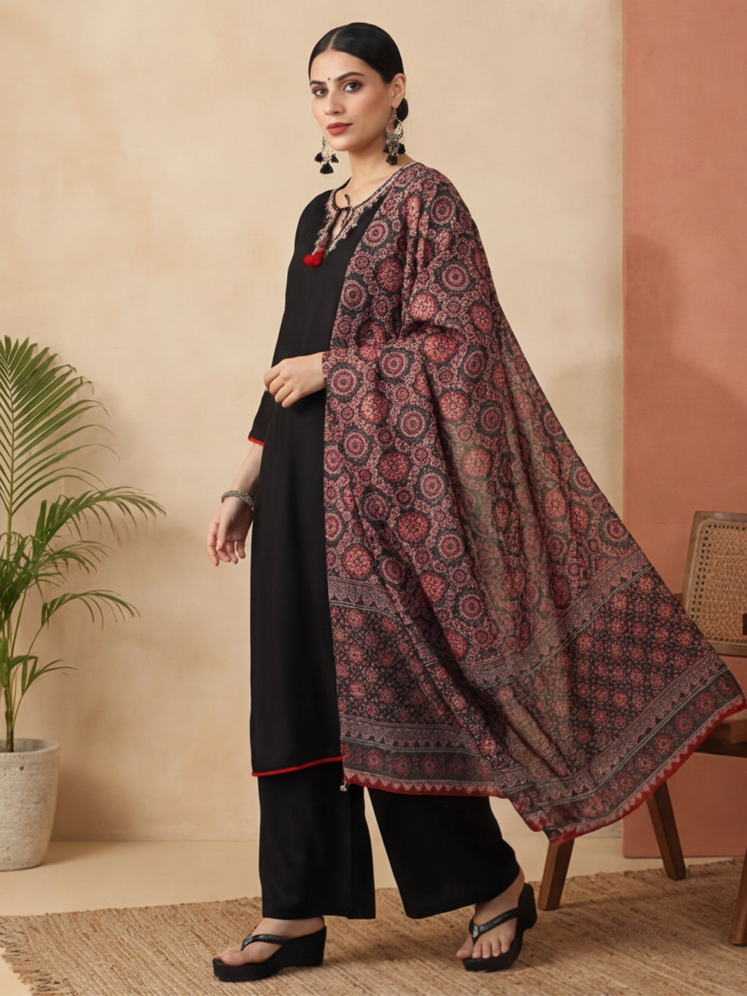 Solid Embroidered Straight Kurta & Trousers Sets