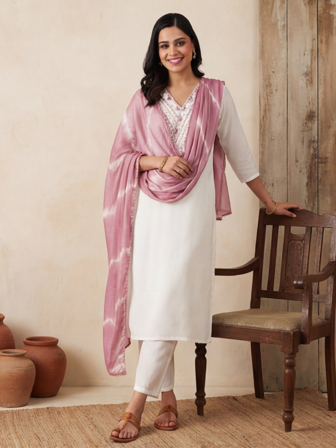 Solid Embroidered Straight Kurta & Trousers Sets