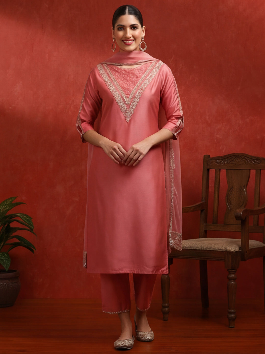 Solid Embroidered Straight Kurta & Trousers Sets