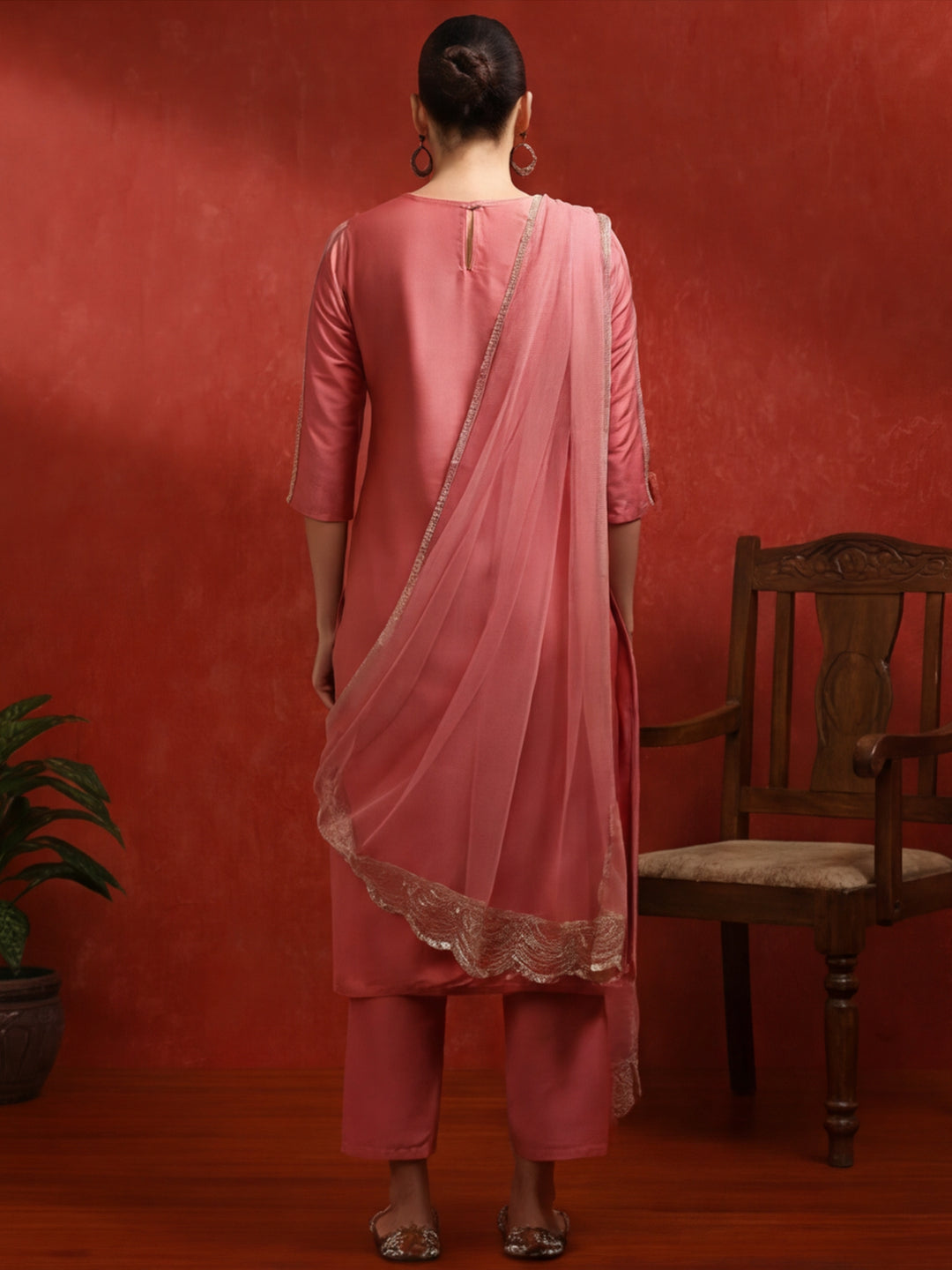Solid Embroidered Straight Kurta & Trousers Sets