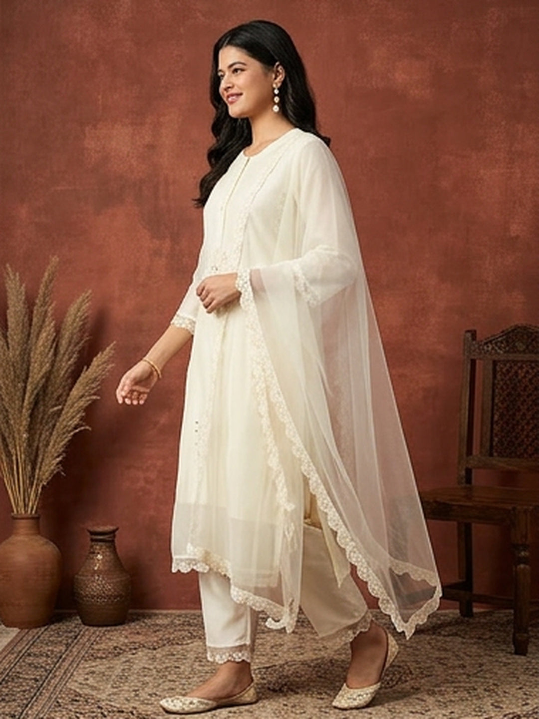 Floral Embroidered Straight Kurta & Trousers Sets