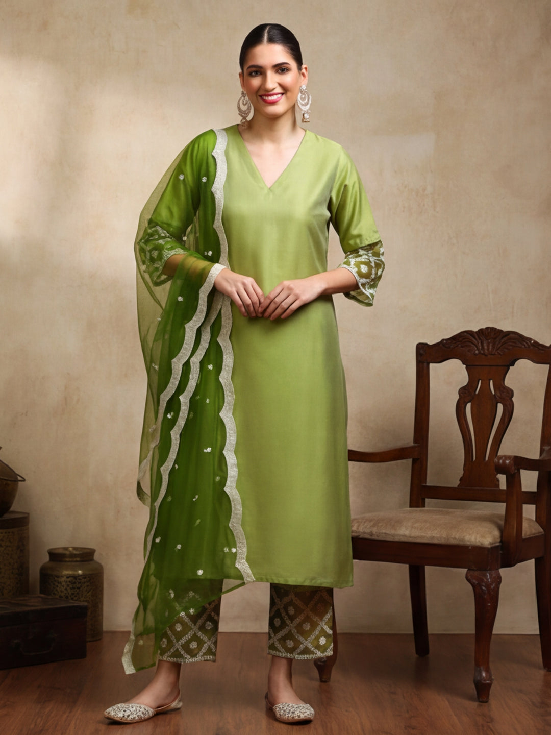 Solid Embroidered Straight Kurta & Trousers Sets