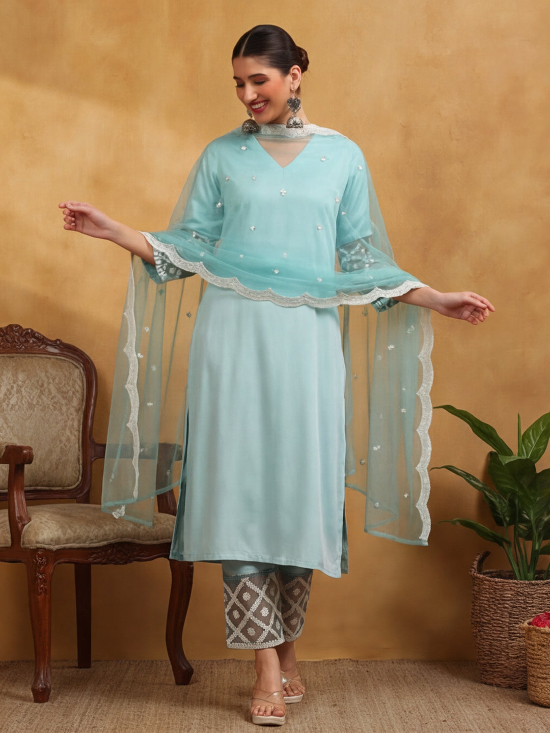Solid Embroidered Straight Kurta & Trousers Sets