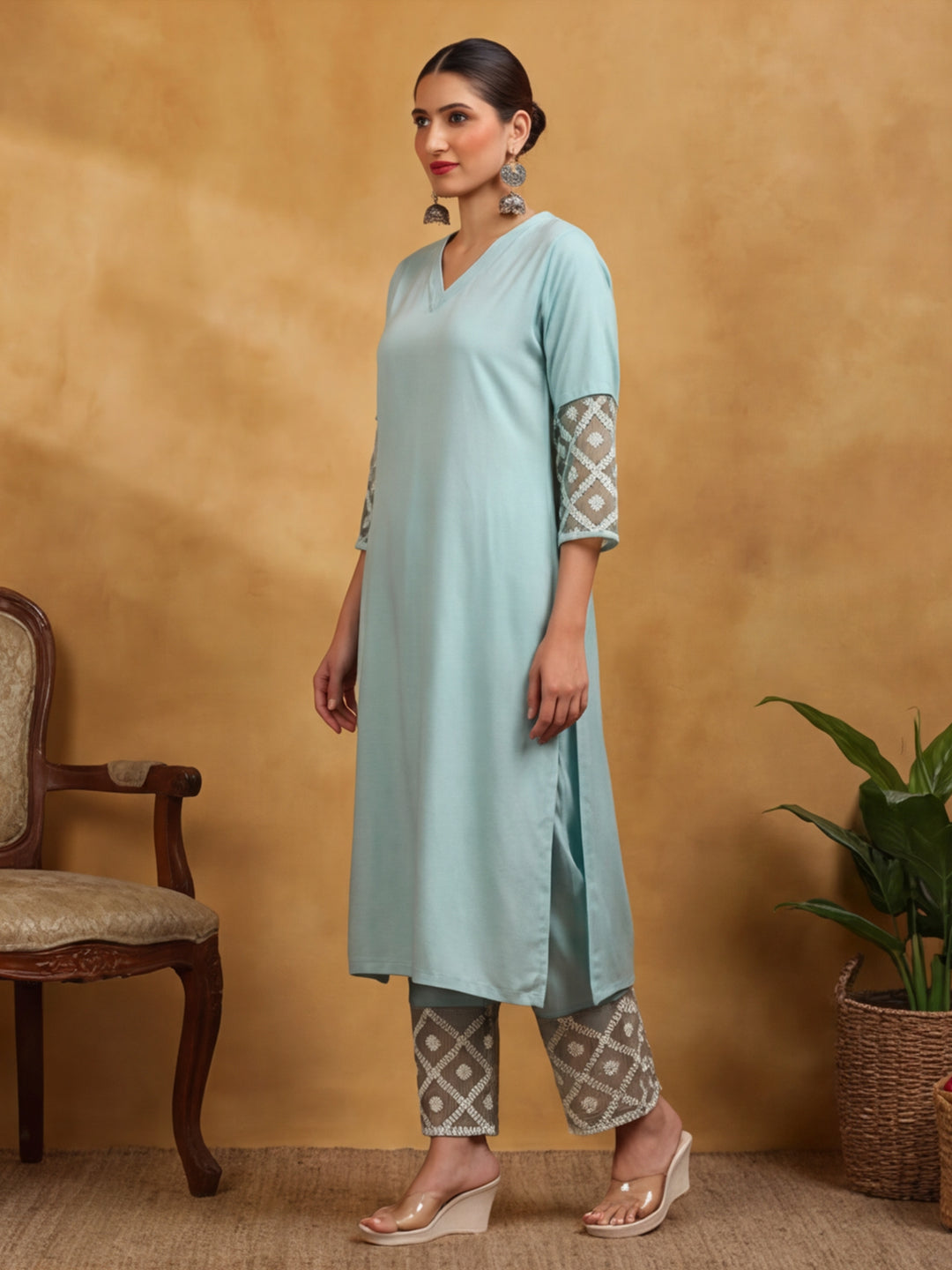 Solid Embroidered Straight Kurta & Trousers Sets