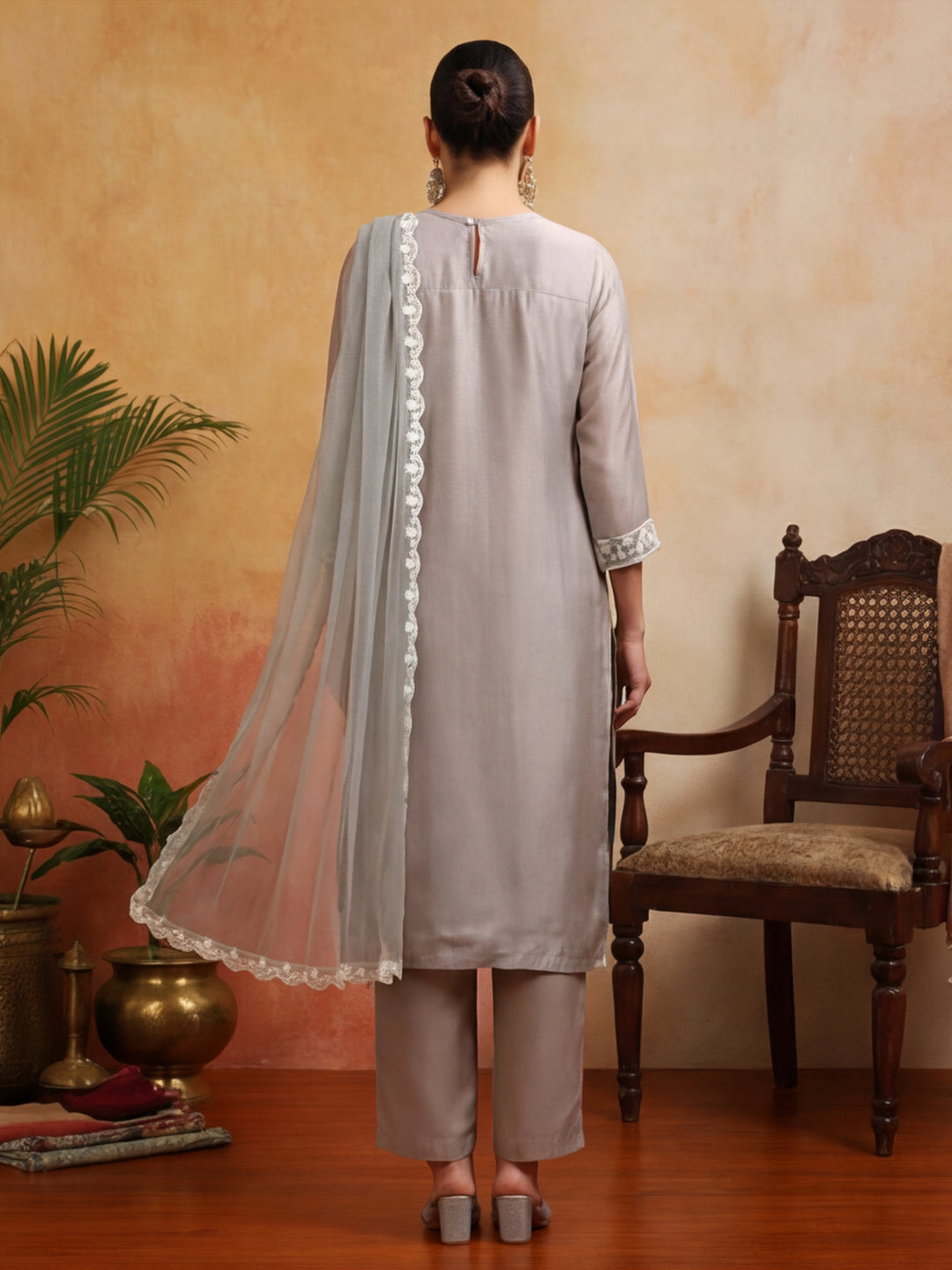 Floral Embroidered Straight Kurta & Trousers Sets