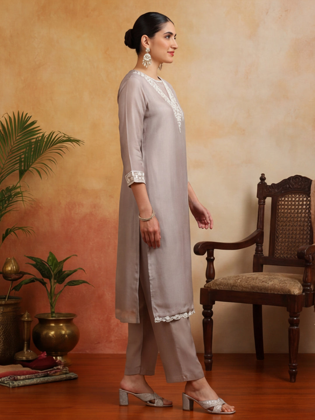 Floral Embroidered Straight Kurta & Trousers Sets