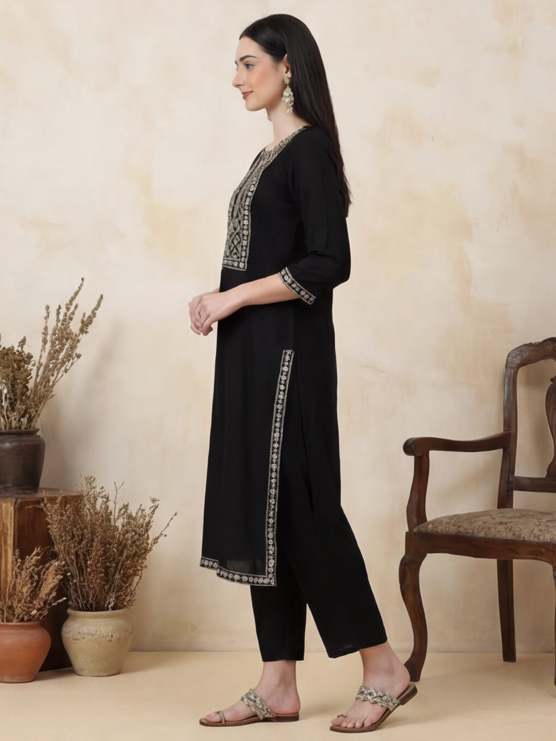 Solid Embroidered Straight Kurta & Trousers Sets