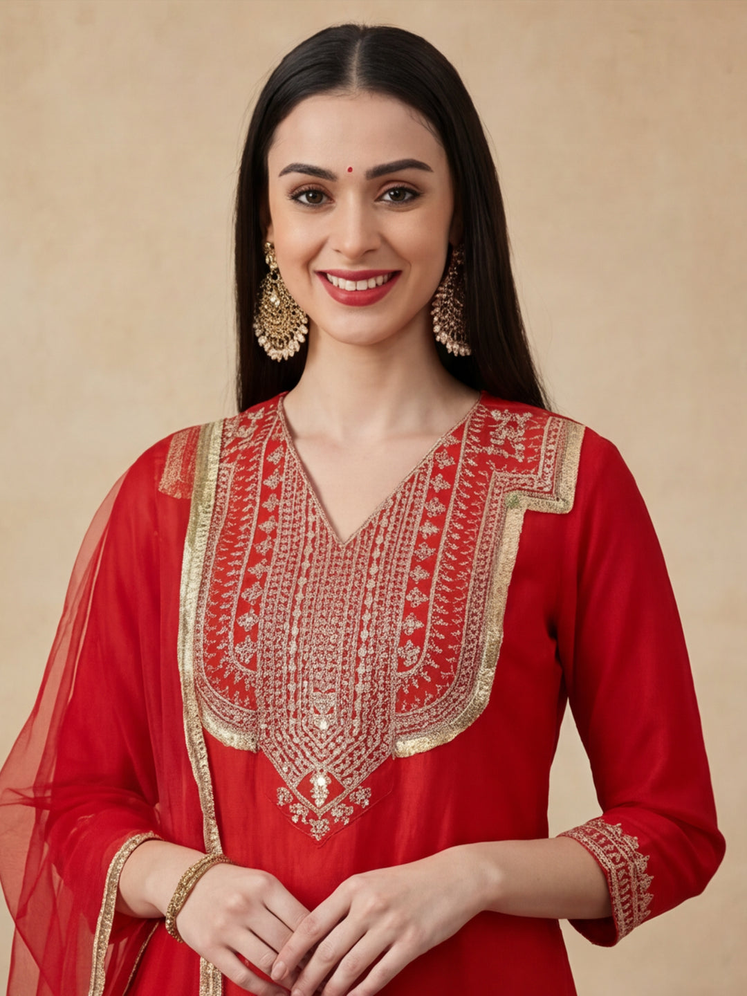 Solid Embroidered Straight Kurta & Trousers Sets