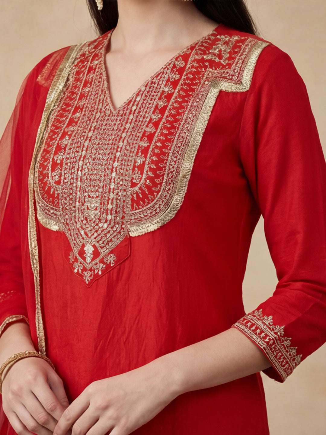 Solid Embroidered Straight Kurta & Trousers Sets