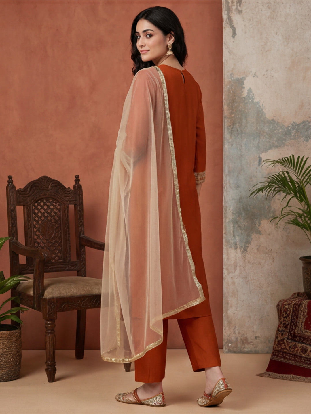 Solid Embroidered Straight Kurta & Trousers Sets