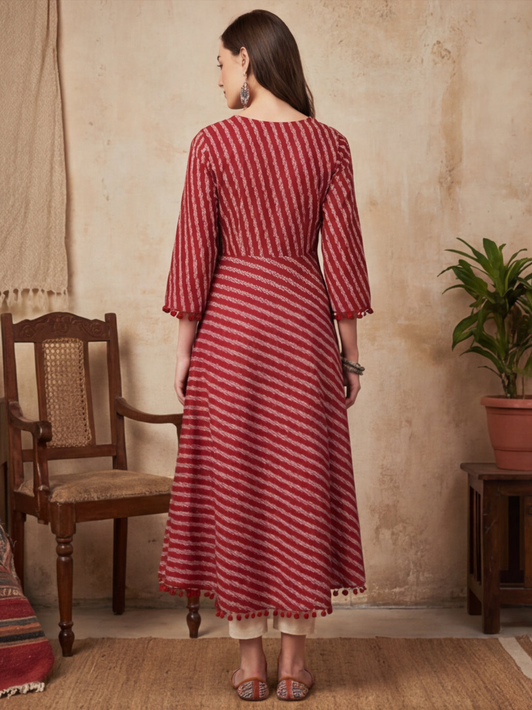 Maroon Geometric A-Line Cotton Kurta