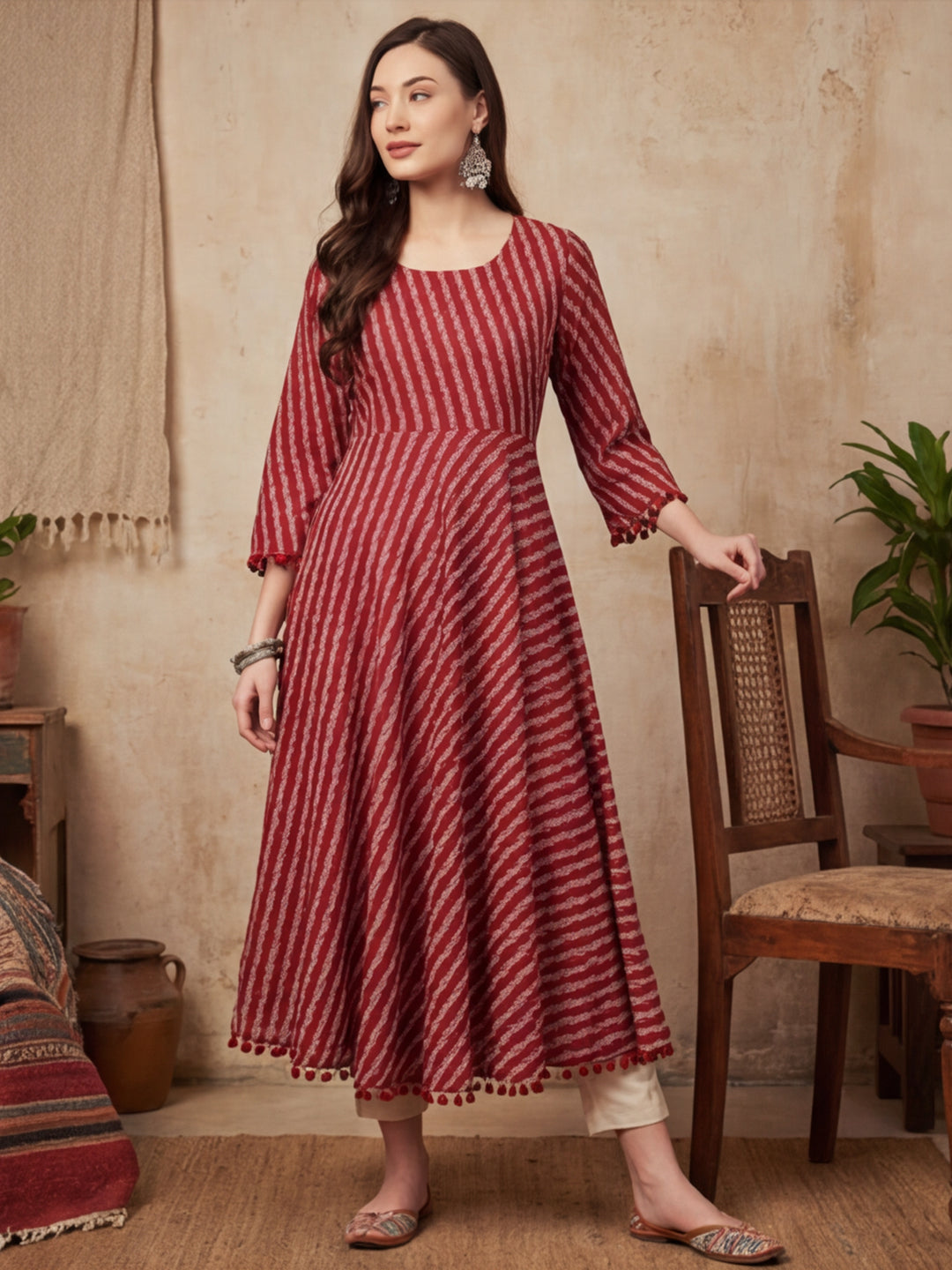 Maroon Geometric A-Line Cotton Kurta