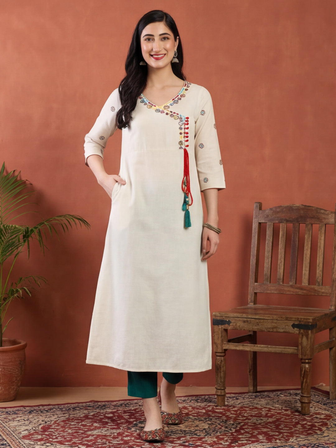 Off White Embroidered A Line Kurta | Kurta For Women