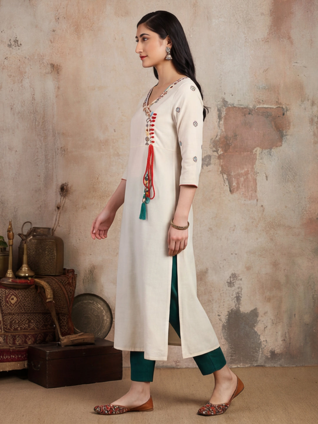 Off White Embroidered A Line Kurta