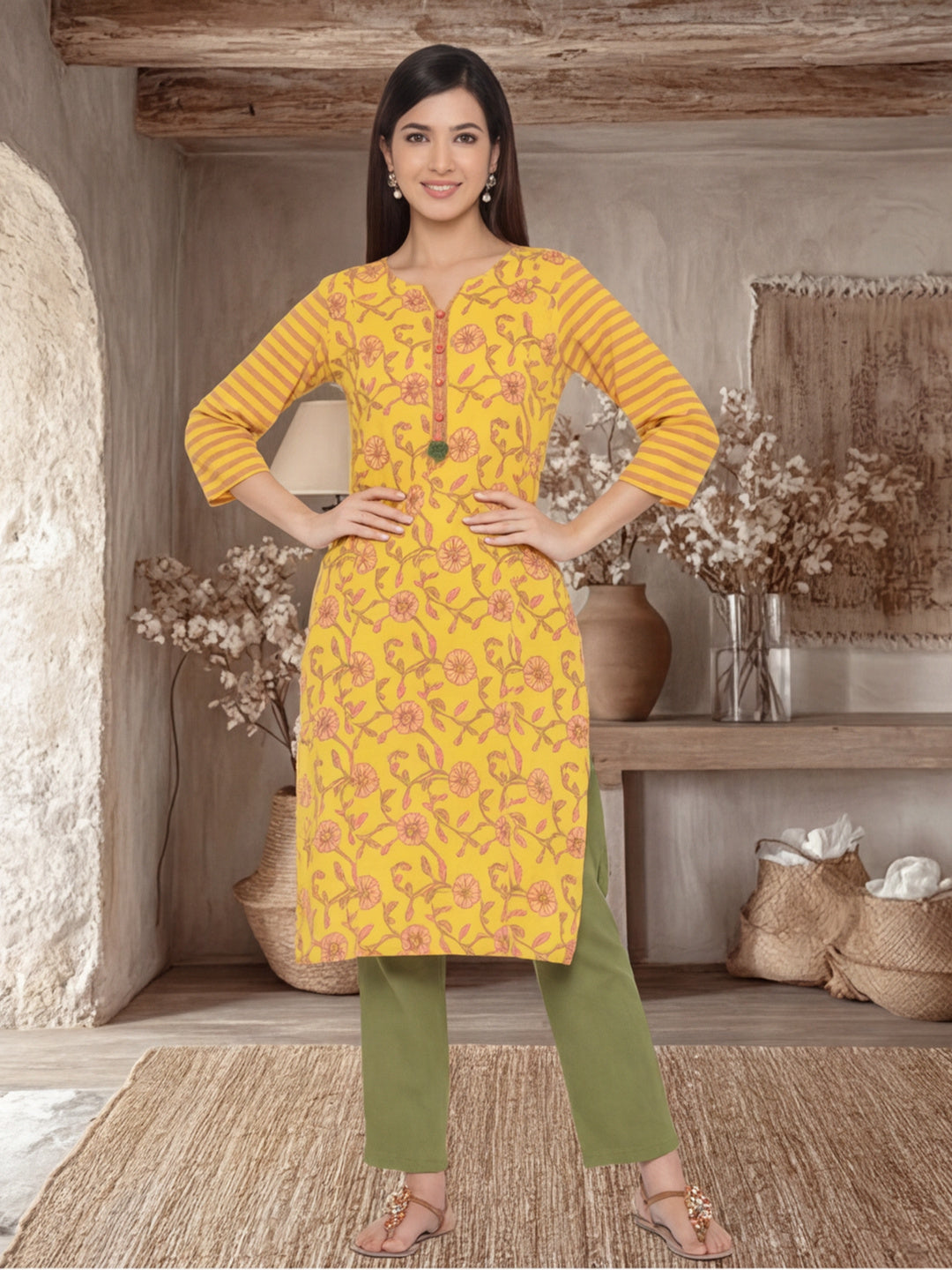 Women Yellow & Pink Printed Straight Kurta