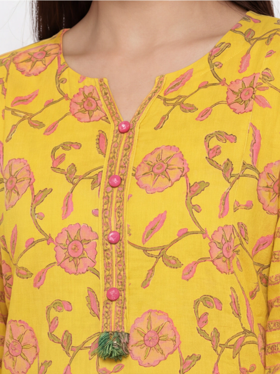 Women Yellow & Pink Printed Straight Kurta