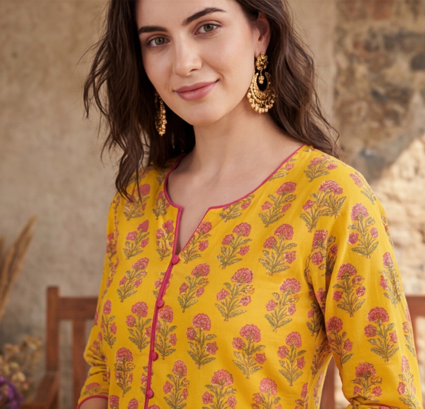 Women Yellow & Pink Floral Printed Straight Kurta