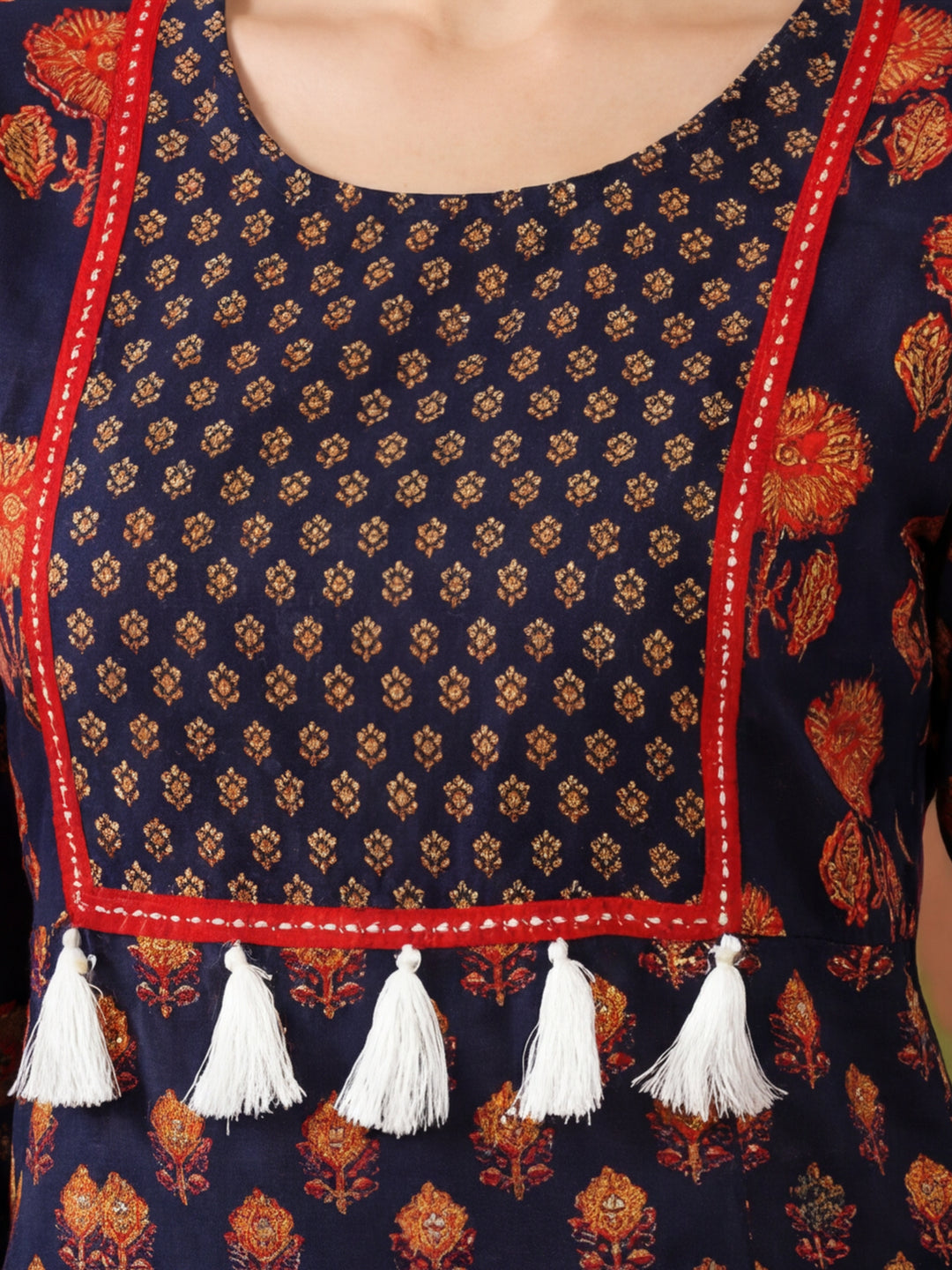 Women Navy Blue Printed Straight Kurta With Thread Work