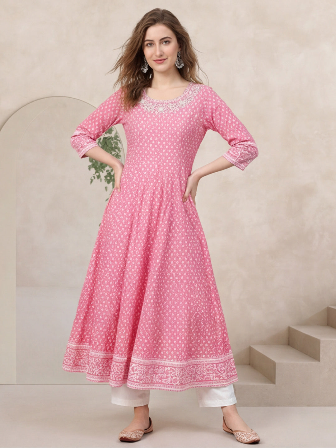 Women Pink Printed Anarkali with Embroidered Yoke