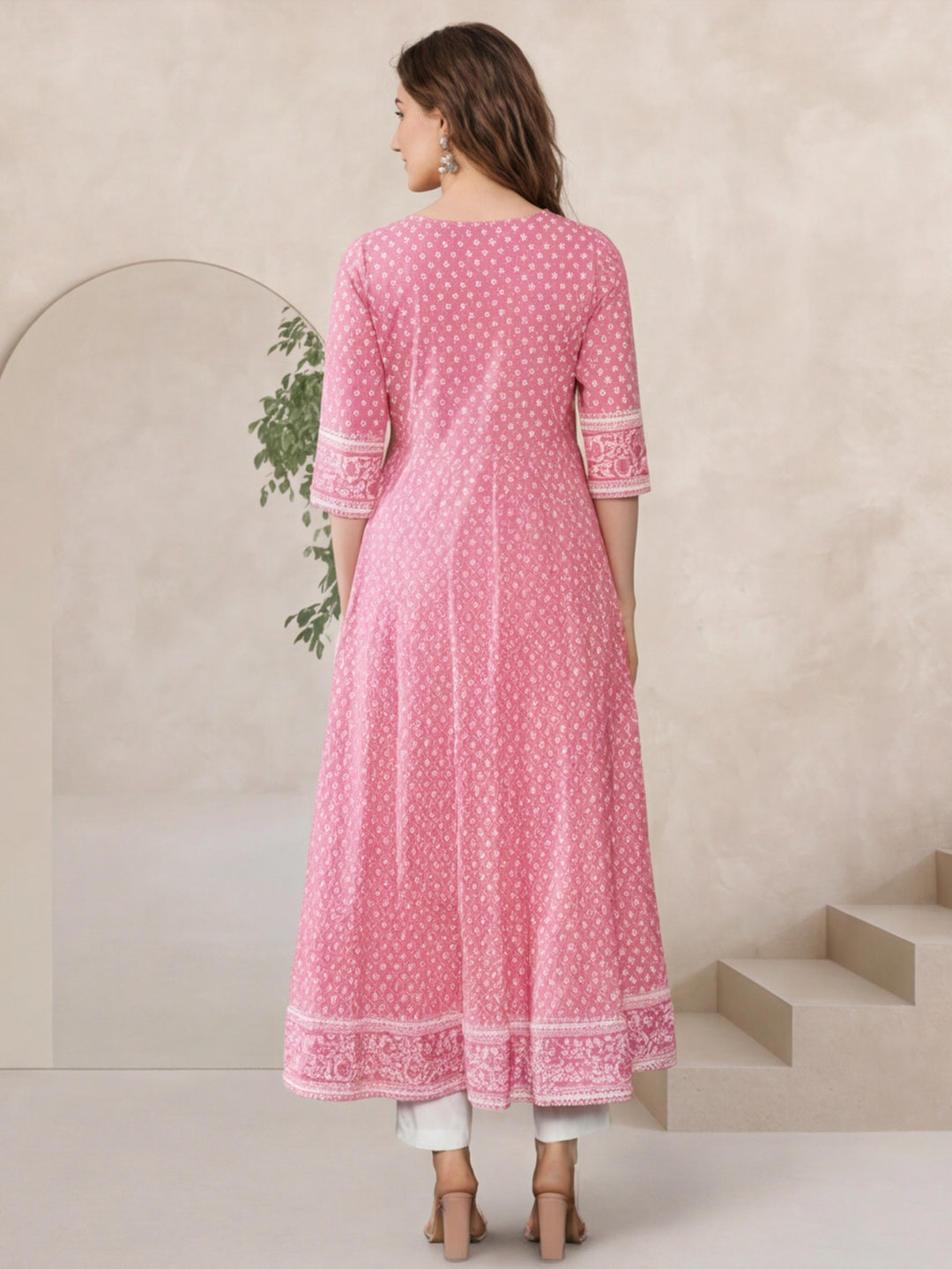 Women Pink Printed Anarkali with Embroidered Yoke