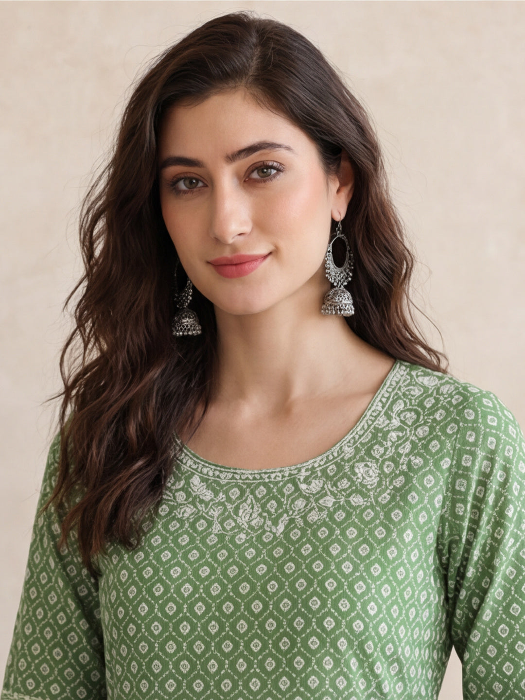 Women Green Printed Anarkali with Embroidered Yoke